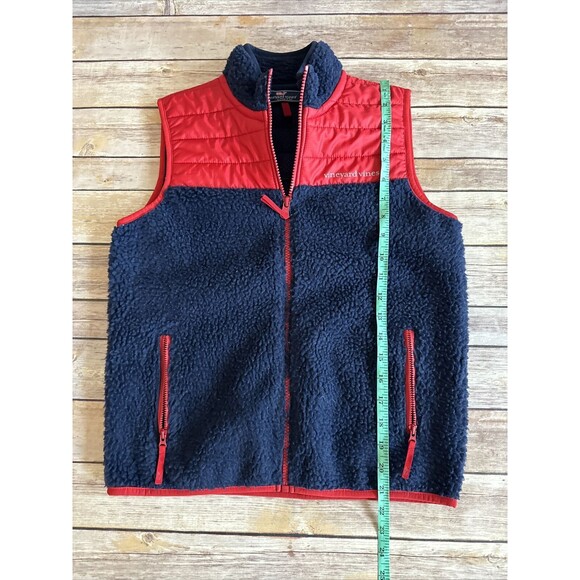 Vineyard Vines Vest Kids M 12/14 Red Blue Full Zip Quilt Pockets Fleece Sherpa - Picture 6 of 9